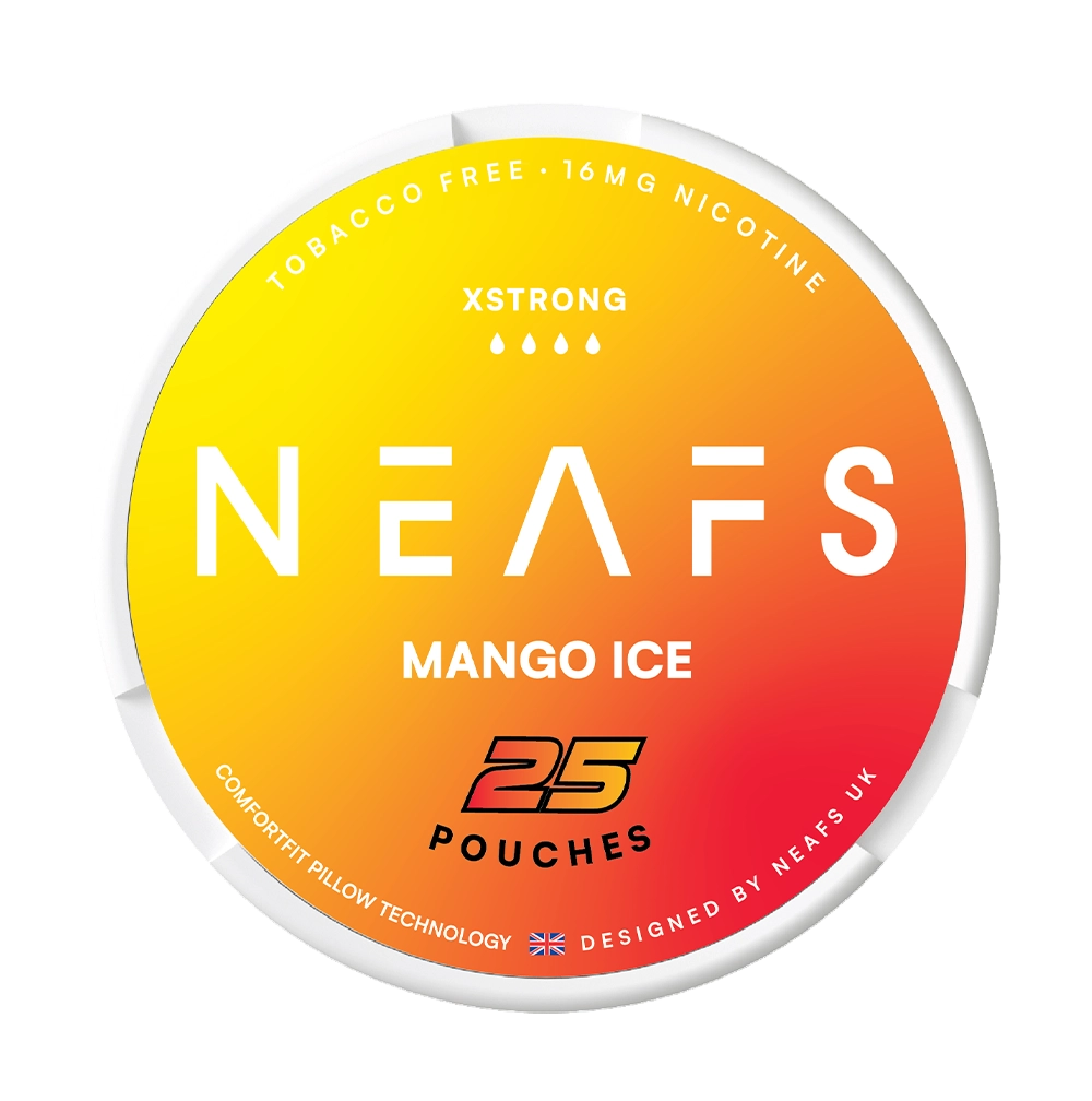 NEAFS Mango Ice packaging with gradient yellow to red design on a white background