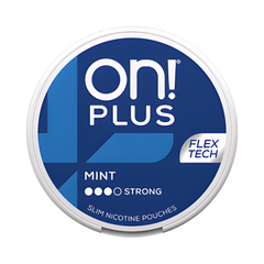 On! Plus Flex Tech nicotine pouch container with blue and white design