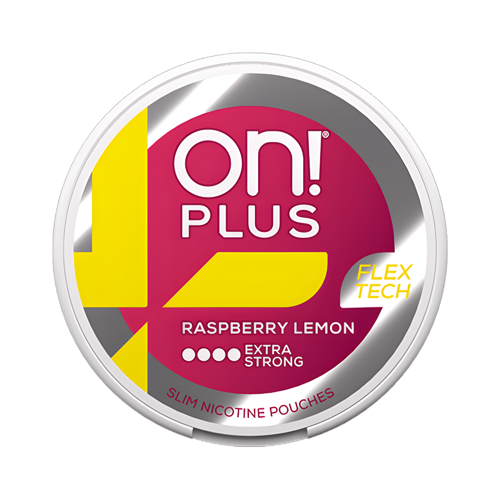 On! Plus Flex Tech raspberry lemon nicotine pouch container on a white background