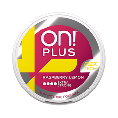 On! Plus Flex Tech raspberry lemon nicotine pouch container on a white background