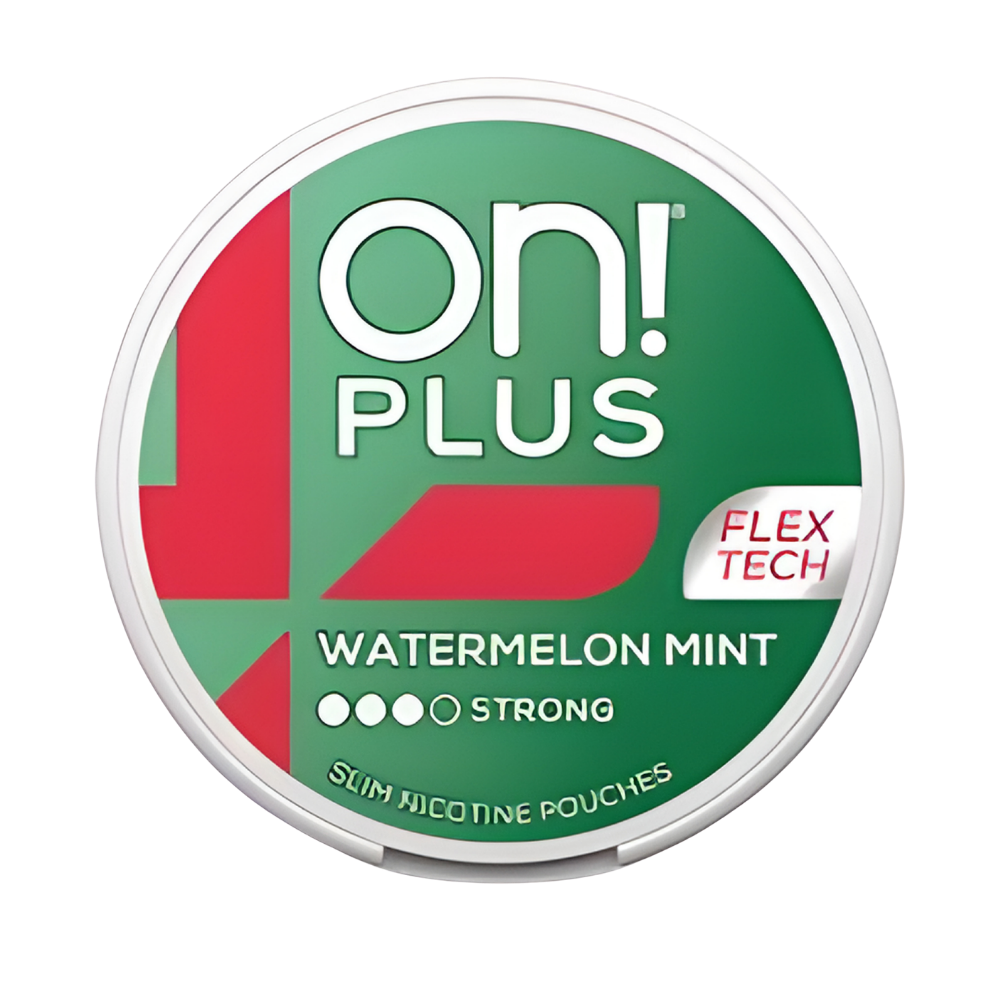 On! Plus Flex Tech watermelon mint nicotine pouches container on a white background