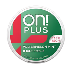 On! Plus Flex Tech watermelon mint nicotine pouches container on a white background