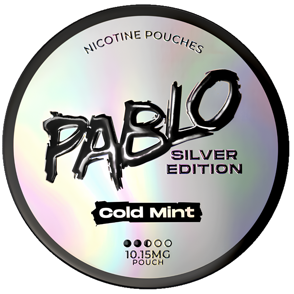 A round silver holographic tin of Pablo Silver Edition Cold Mint nicotine pouches, featuring a black logo and text on a white background.
