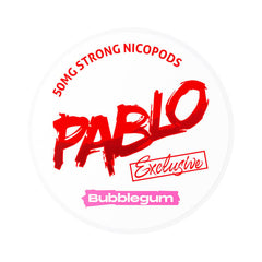 Circular product label with red and pink text on a white background
