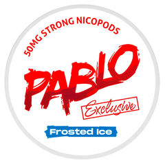 A circular white label with a gray border featuring red and blue text. The text reads '50MG STRONG NICPODS' at the top, 'PABLO Exclusive' in large red brush-style lettering in the center, and 'Frosted Ice' in a blue banner at the bottom.