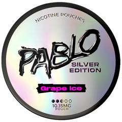 A round silver holographic nicotine pouch can label for Pablo Silver Edition Grape Ice, featuring black and pink text on a reflective iridescent background.