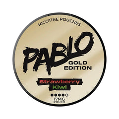 Pablo Gold Edition nicotine pouches label with strawberry kiwi flavor on a beige background