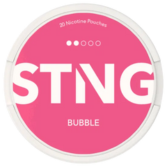Pink packaging of Sting bubble nicotine pouches with white text.