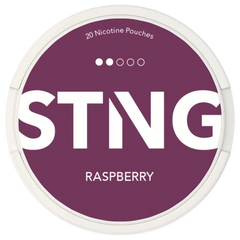 STING nicotine pouch container with raspberry flavor on a purple background