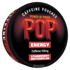 Caffeine pouches packaging with 'POP' branding on a black background