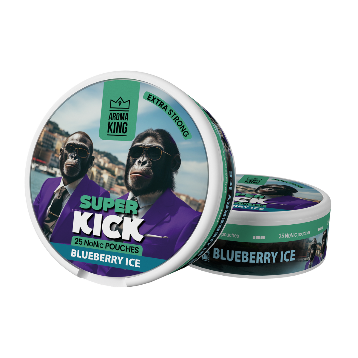 Aroma King Blueberry Super Kick with 2 gorillas in purple suits and wearing sunglasses 