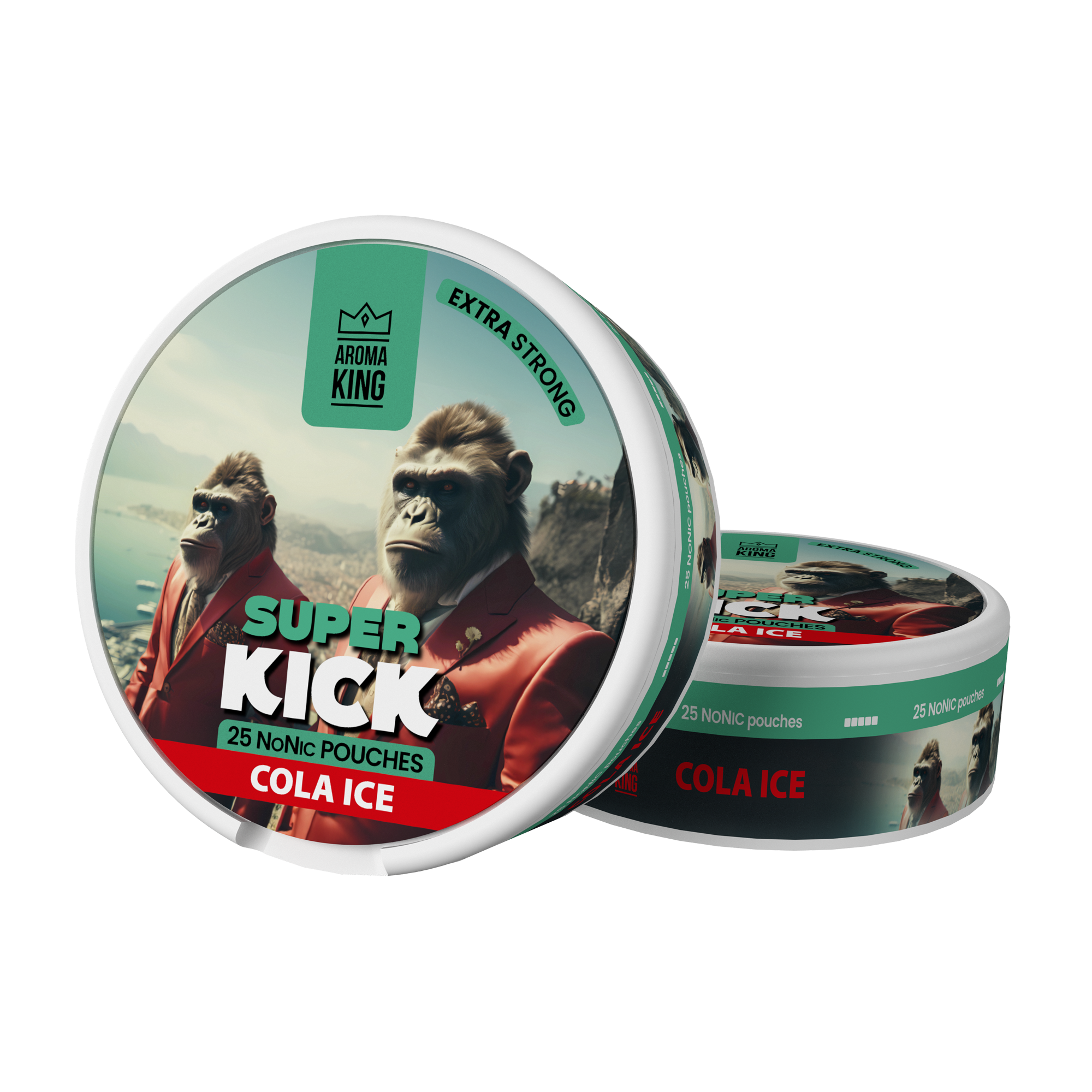 Two containers of Super Kick Cola Ice with gorilla graphics on a white background