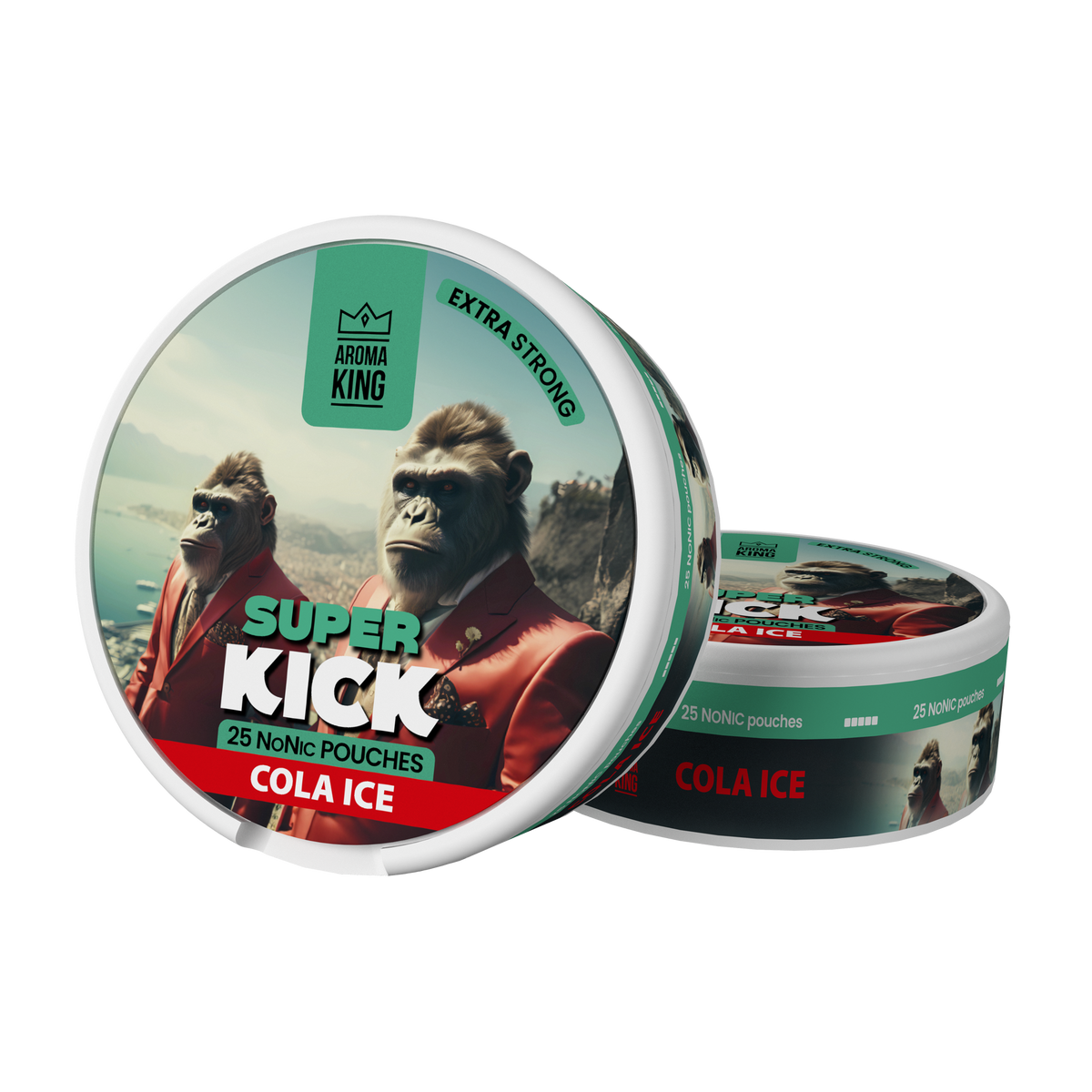 Two containers of Super Kick Cola Ice with gorilla graphics on a white background