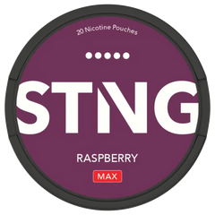 STING nicotine pouch container with raspberry flavor on a purple background