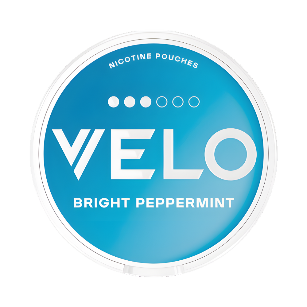 VELO nicotine pouch container with blue lid and white text on a white background