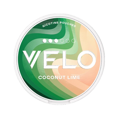 VELO nicotine pouches packaging with green and peach design on a white background