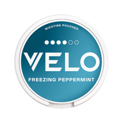 VELO nicotine pouch container with blue lid and white text on a white background