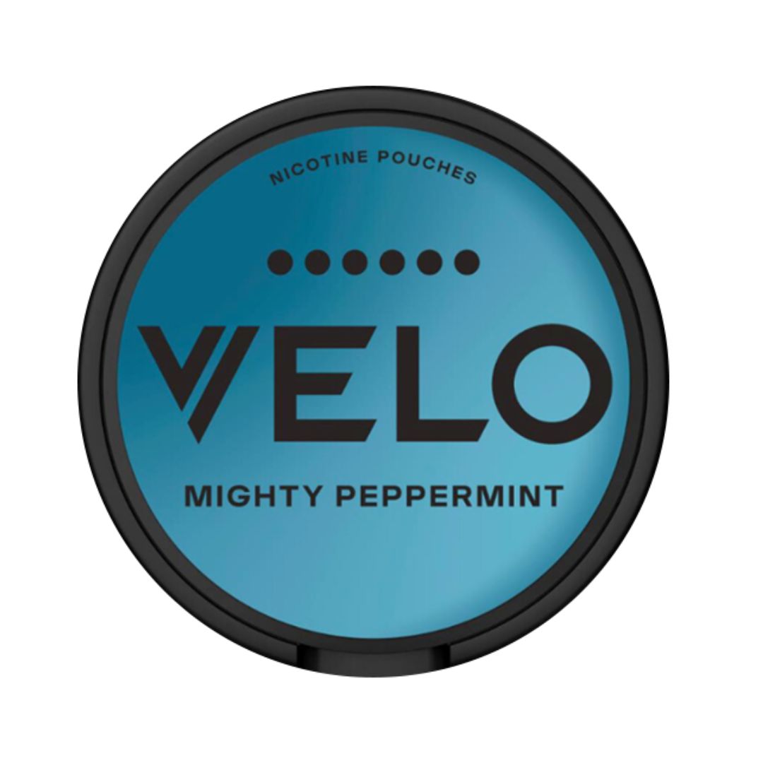 VELO Mighty Peppermint Slim 17mg nicotine pouches, available in Australia and New Zealand, featuring sleek blue and black packaging with a strength level of 5 dots. Delivers a powerful peppermint flavour for an intense and invigorating nicotine experience.