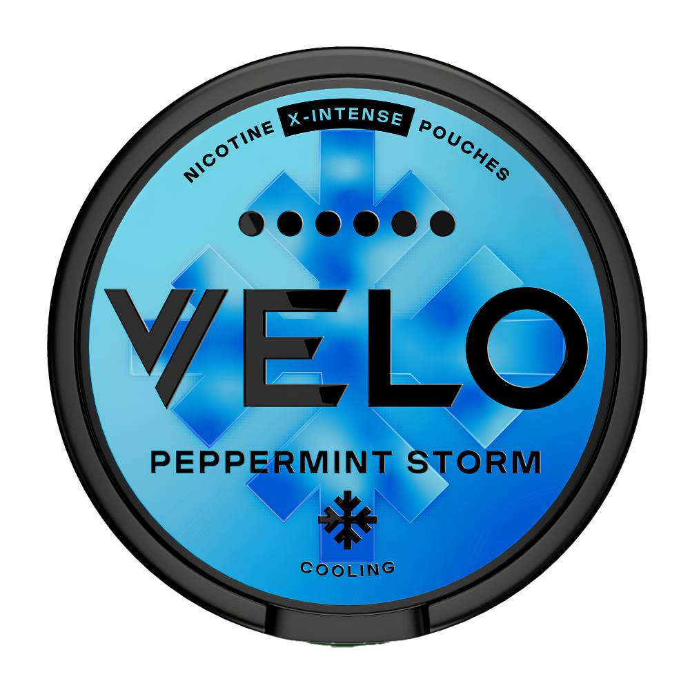 A round black-lidded can of Velo Peppermint Storm cooling nicotine X-Intense Pouches, featuring a bright blue and cyan geometric design on the label.