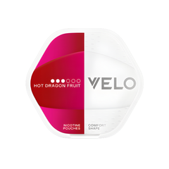 Velo nicotine pouches packaging with red and white design on a white background