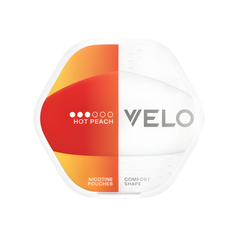 Velo nicotine pouches packaging with 'Hot Peach' flavor on a white background