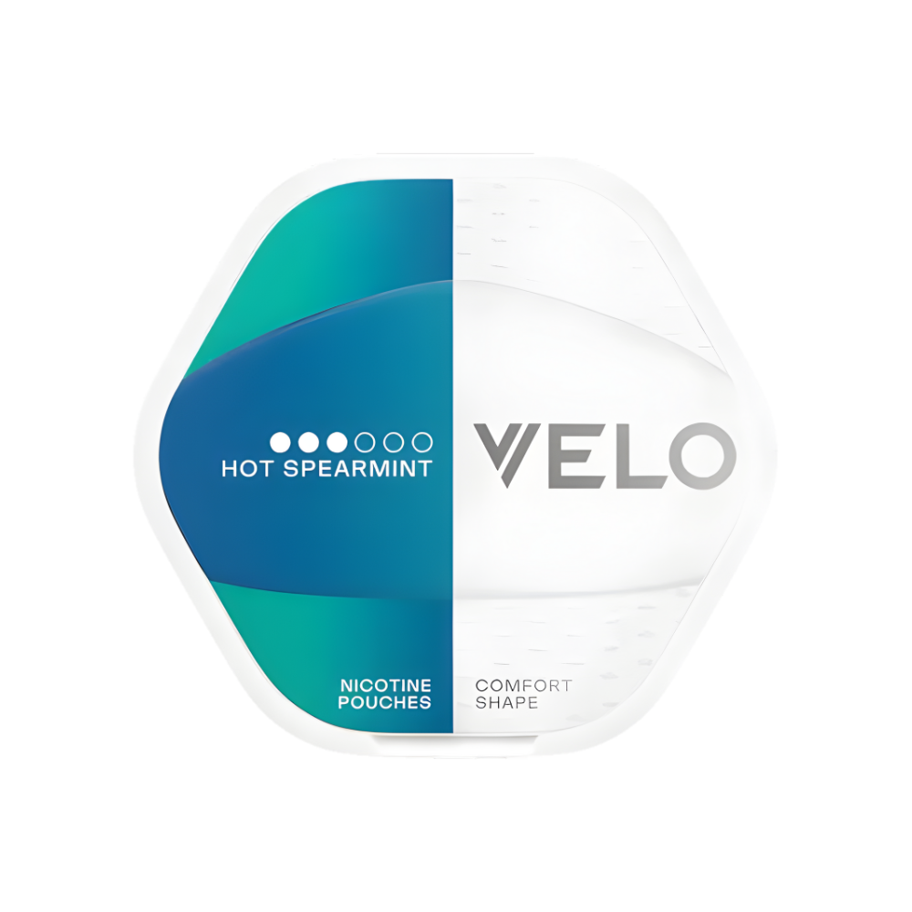 VELO nicotine pouches packaging with blue and white design on a white background