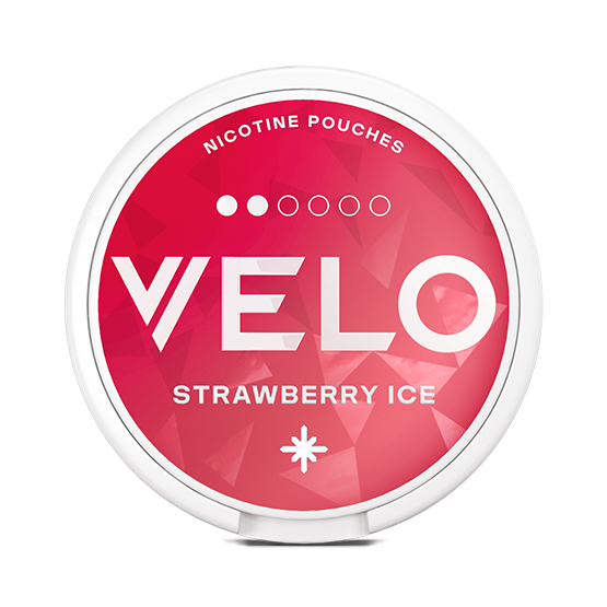 Red Velo nicotine pouch container with 'Strawberry Ice' flavor on a white background