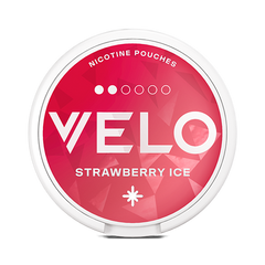 Red Velo nicotine pouch container with 'Strawberry Ice' flavor on a white background