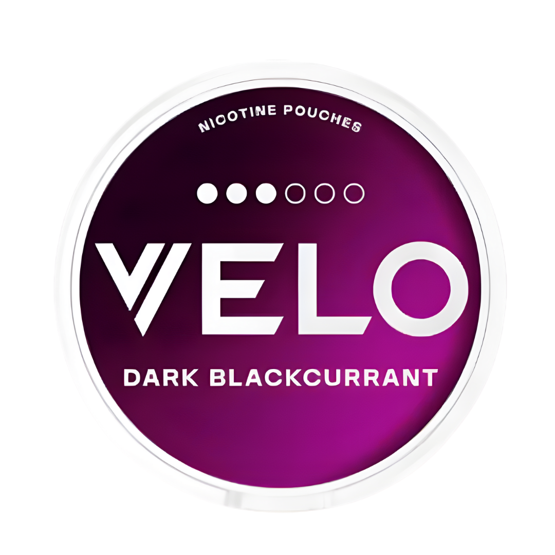 Velo nicotine pouches packaging with dark blackcurrant flavor on a purple background