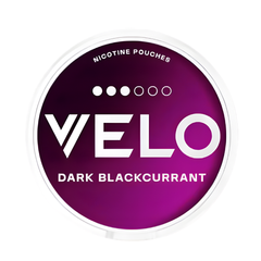 Velo nicotine pouches packaging with dark blackcurrant flavor on a purple background