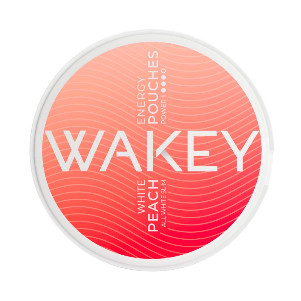 Round container of 'Wakey' energy pouches with a pink and white design on a white background
