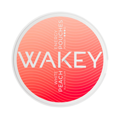 Round container of 'Wakey' energy pouches with a pink and white design on a white background
