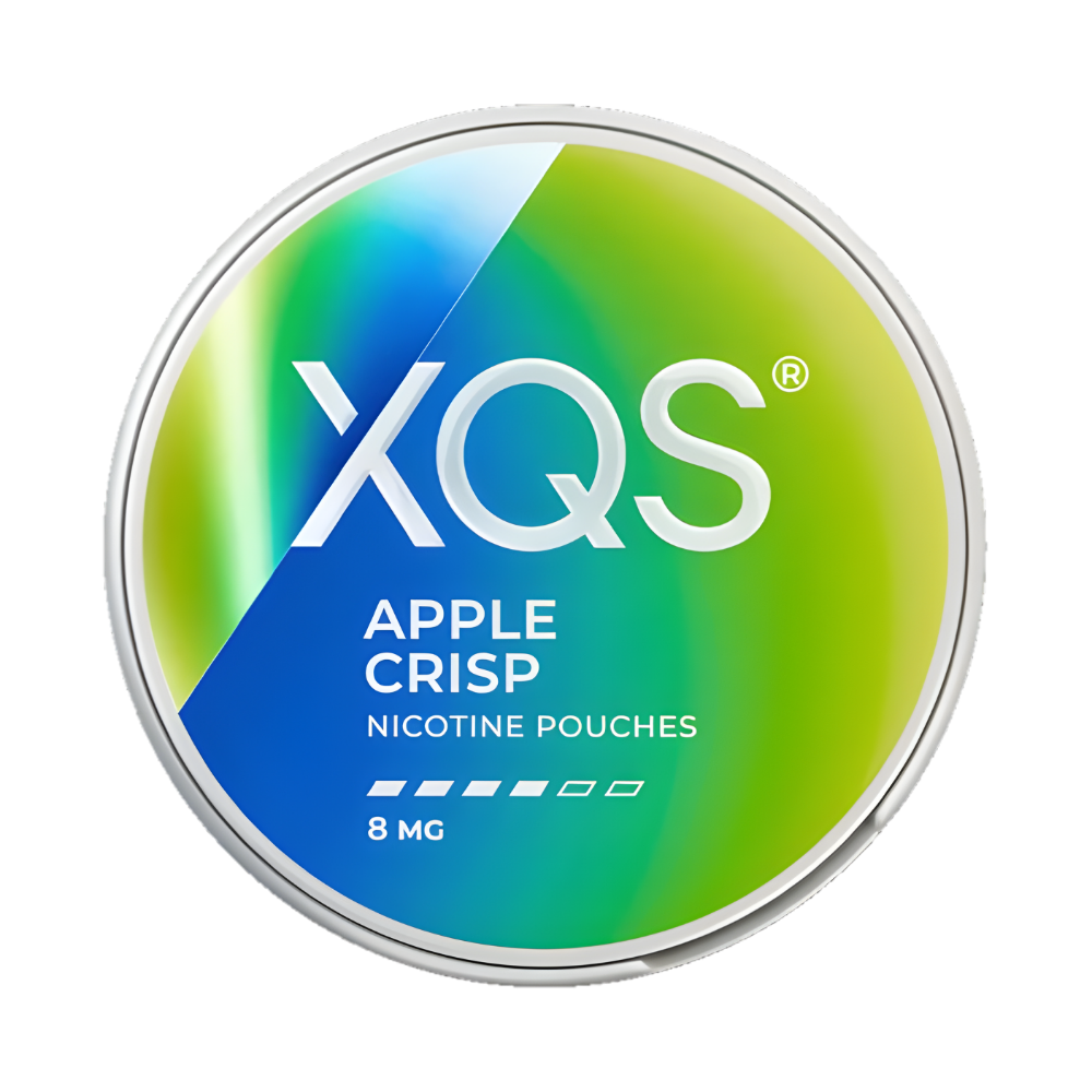 XQS Apple Crisp nicotine pouches container on a white background