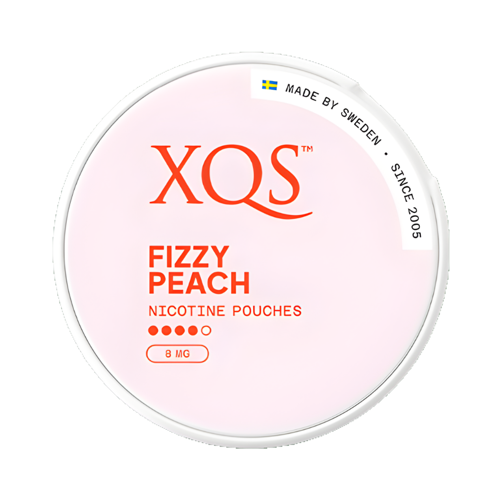 XQS Fizzy Peach nicotine pouches container on a white background