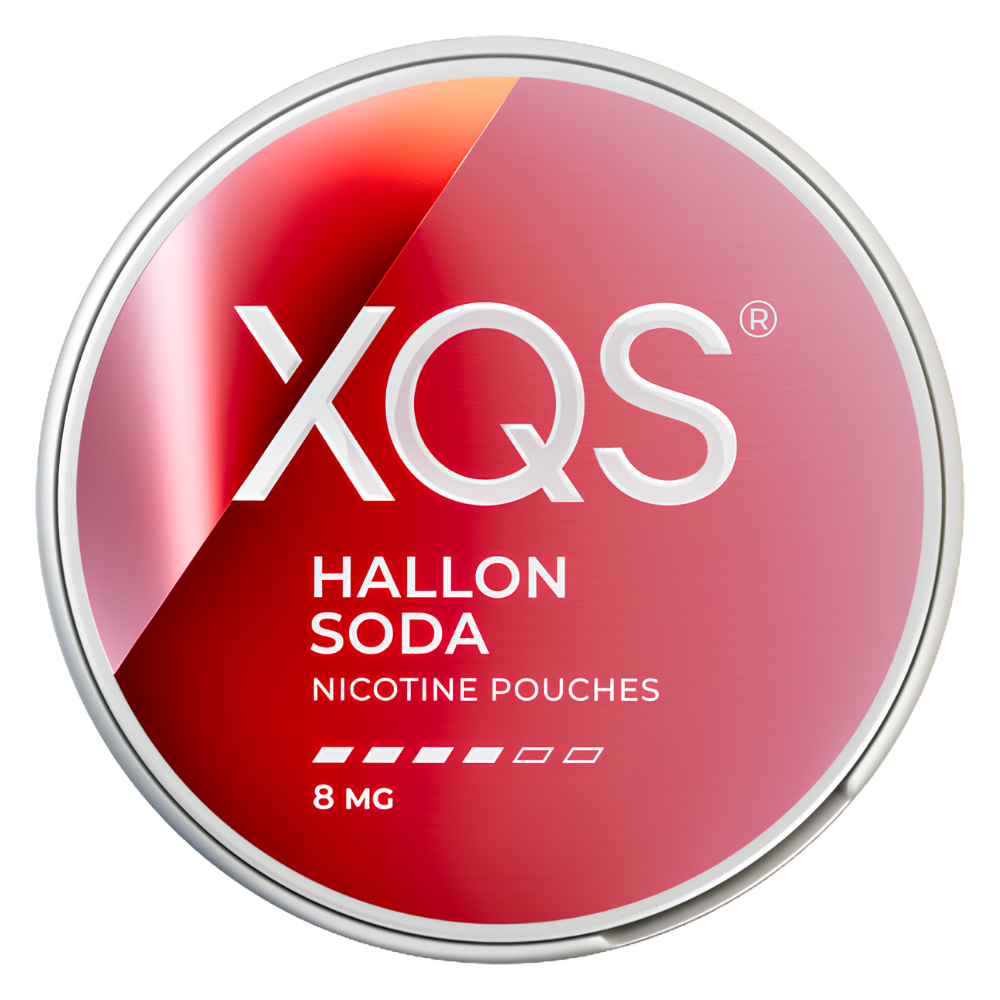 A round silver tin of XQS Hallon Soda Nicotine Pouches, 8 mg, on a solid white background.