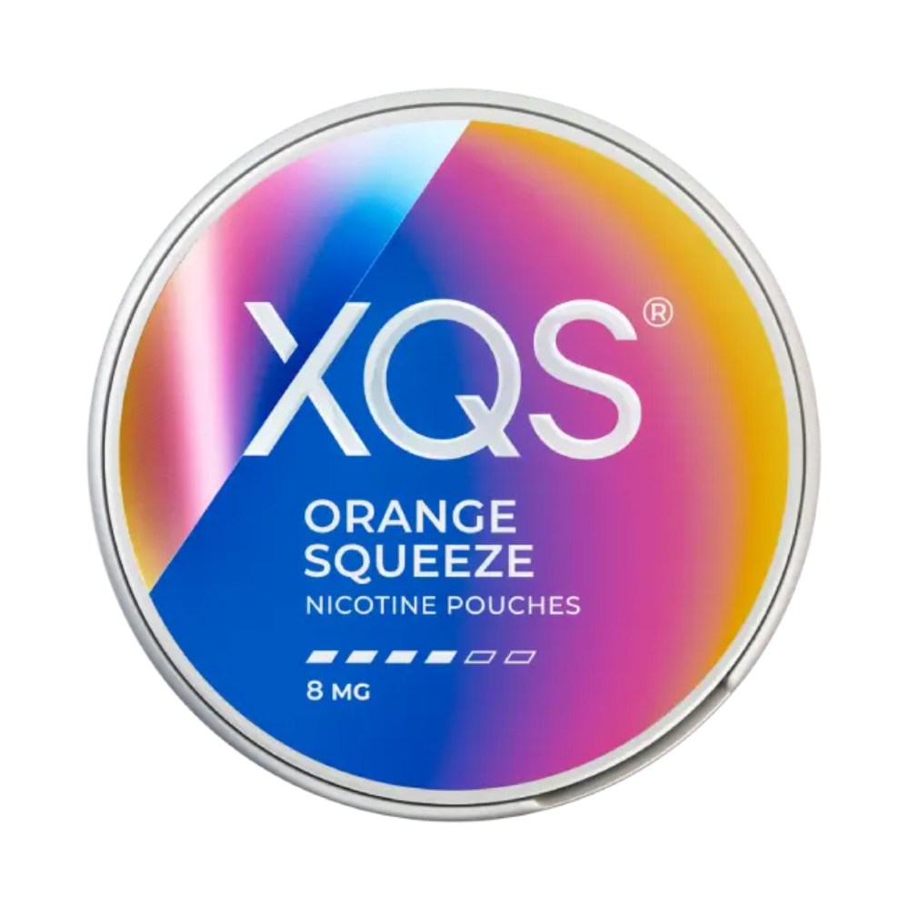 XQS Orange Squeeze nicotine pouches container with colorful gradient