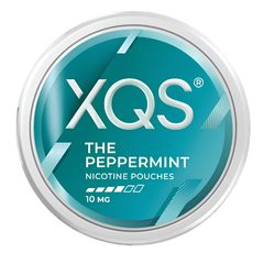 A round silver tin of XQS The Peppermint Nicotine Pouches, 10 mg, on a plain white background.