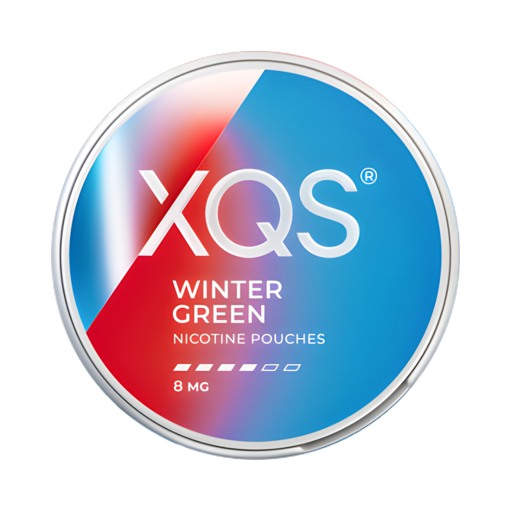 XQS Winter Green nicotine pouches container on a white background