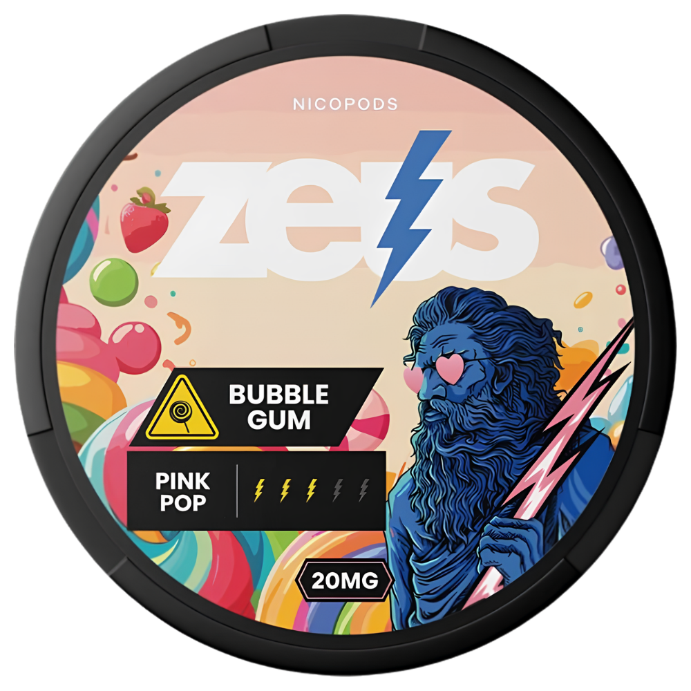 A round black-lidded nicotine pod container for Zeus Nicoderm Zero, featuring a colorful label with the text 'BUBBLE GUM', 'PINK POP', and '20MG'. The label includes the brand name 'NICOPODS' at the top, a yellow warning icon, and an illustration of a blue lion-like figure holding a pink lightning bolt.