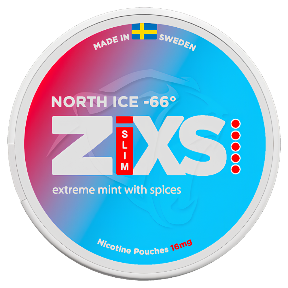A round tin of ZXS North Ice -66°C Slim Extreme Mint with Spices nicotine pouches, featuring a vibrant blue and red gradient label with white and red text.