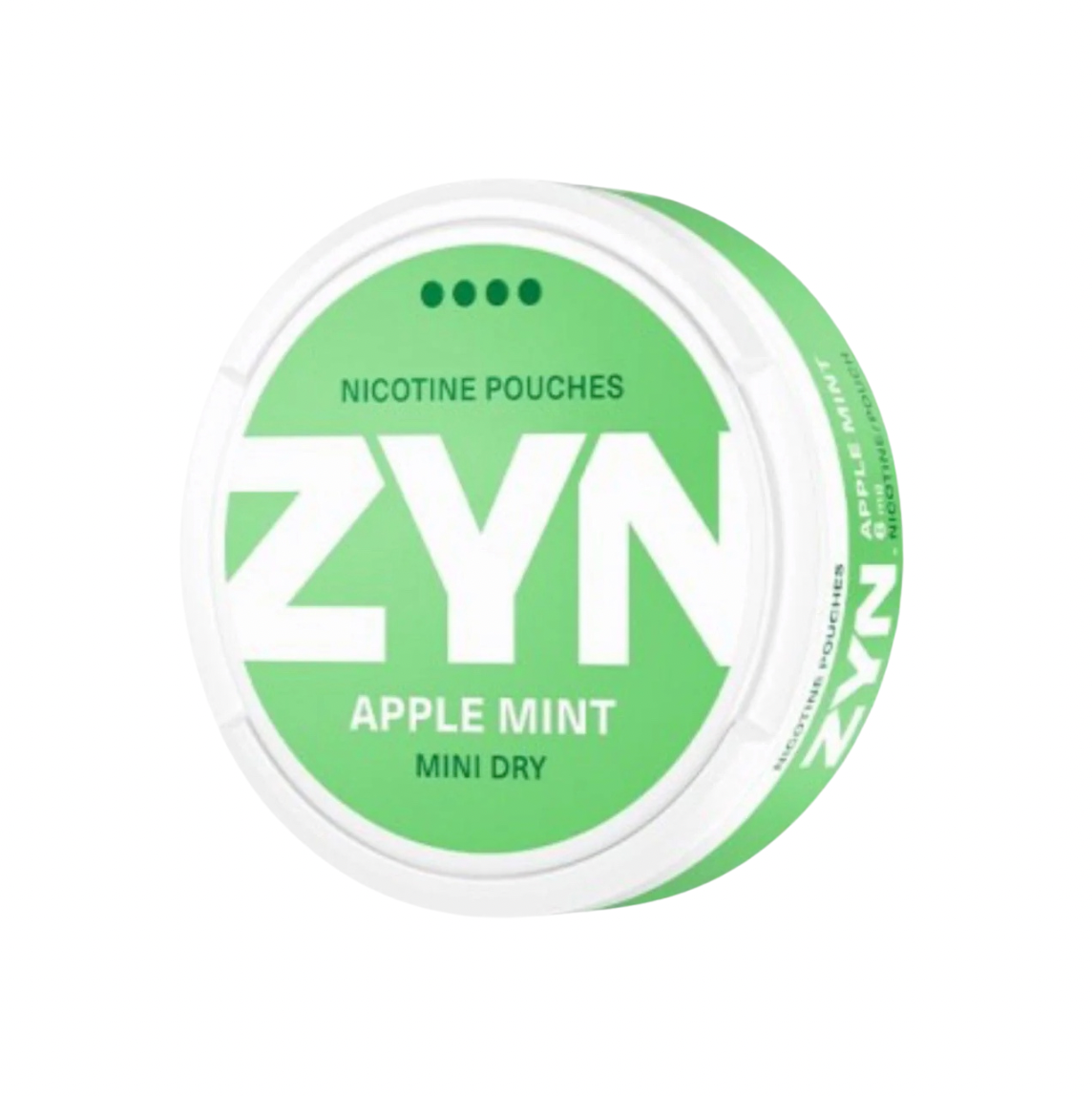 ZYN Apple Mint Mini Dry 6mg nicotine pouches in a fresh green and white can, featuring a delightful blend of crisp apple and cool mint flavours. This compact, discreet pouch offers a satisfying nicotine experience with a strength level of 4 out of 4 dots, ideal for users in Australia and New Zealand seeking a refreshing option.