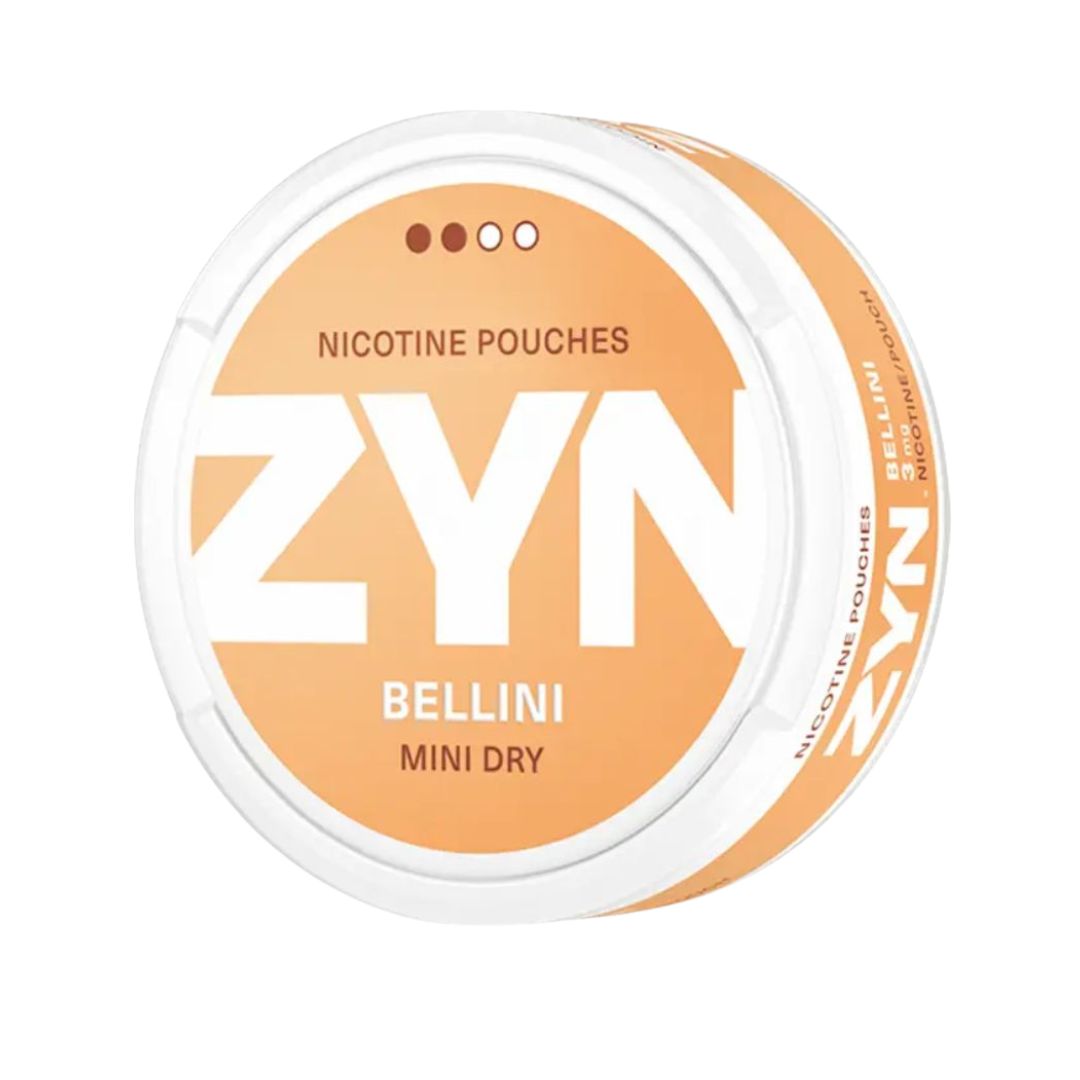 ZYN Bellini Mini Dry 3mg nicotine pouches, available in Australia and New Zealand, featuring sleek peach-toned packaging with a strength level of 2 out of 4 dots. Delivers a sweet and fruity Bellini-inspired flavour for a discreet and refreshing nicotine experience.