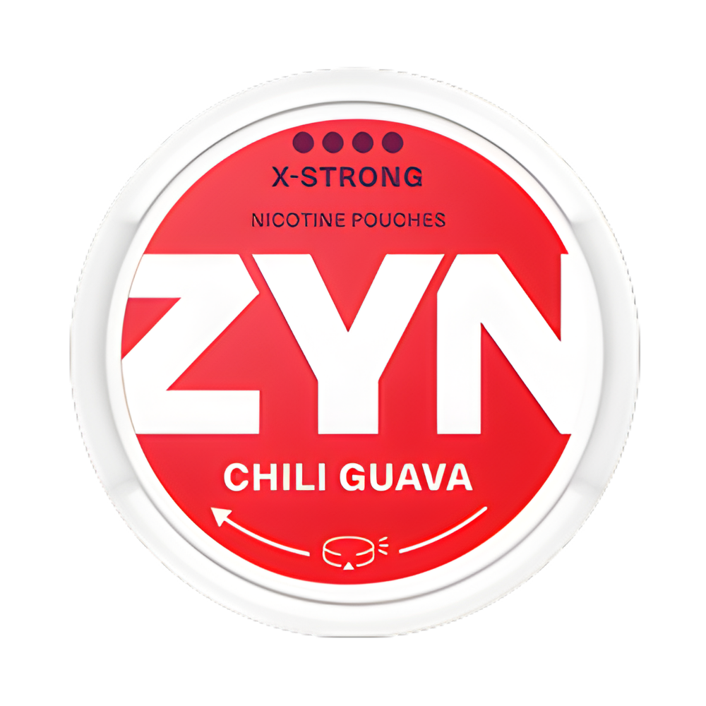 ZYN chili guava nicotine pouch container on a white background