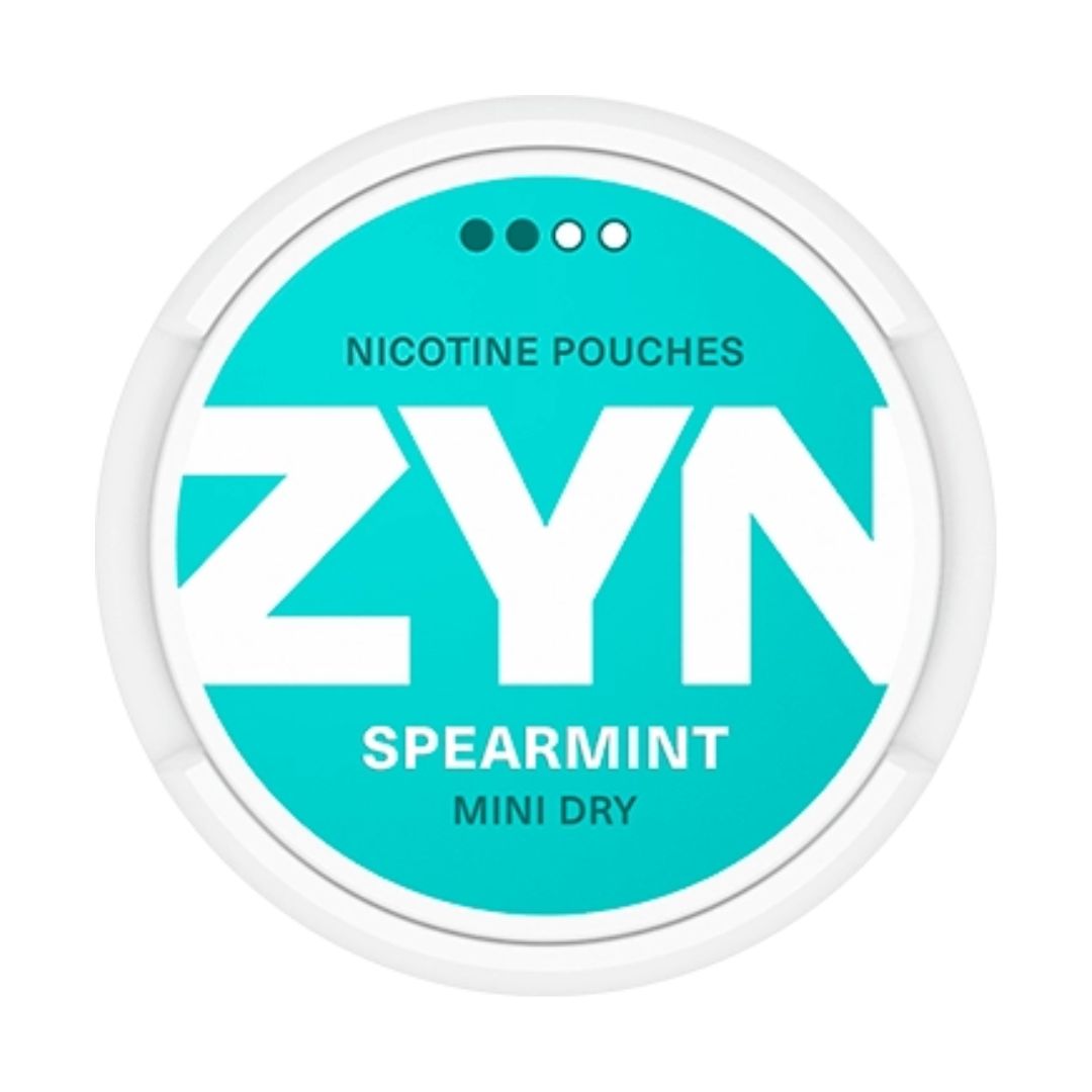 ZYN Spearmint Mini Dry 3mg nicotine pouches, available in Australia and New Zealand, featuring crisp white and teal packaging with a strength level of 2 out of 4 dots. Offers a refreshing and smooth spearmint flavour for a discreet and satisfying nicotine experience.