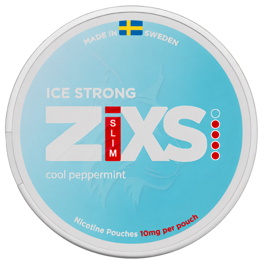 A round tin of Zixs Slim Ice Strong nicotine pouches in cool peppermint flavor, made in Sweden. The packaging features a light blue background with white and red branding.