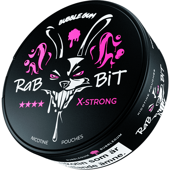 Rab Bit X-Strong nicotine pouch packaging with black and pink design.