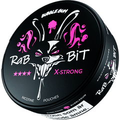 Rab Bit X-Strong nicotine pouch packaging with black and pink design.