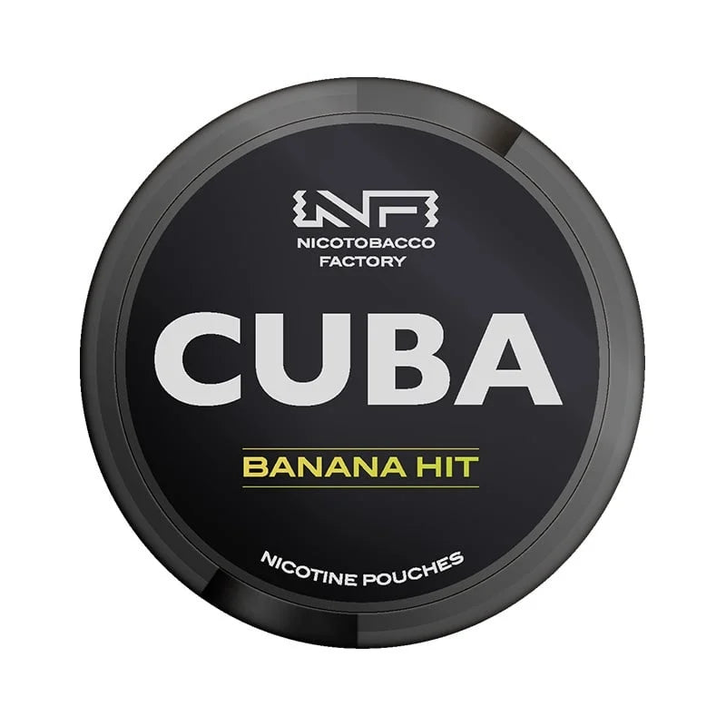 Nicotine pouch container with 'Cuba Banana Hit' branding on a black background