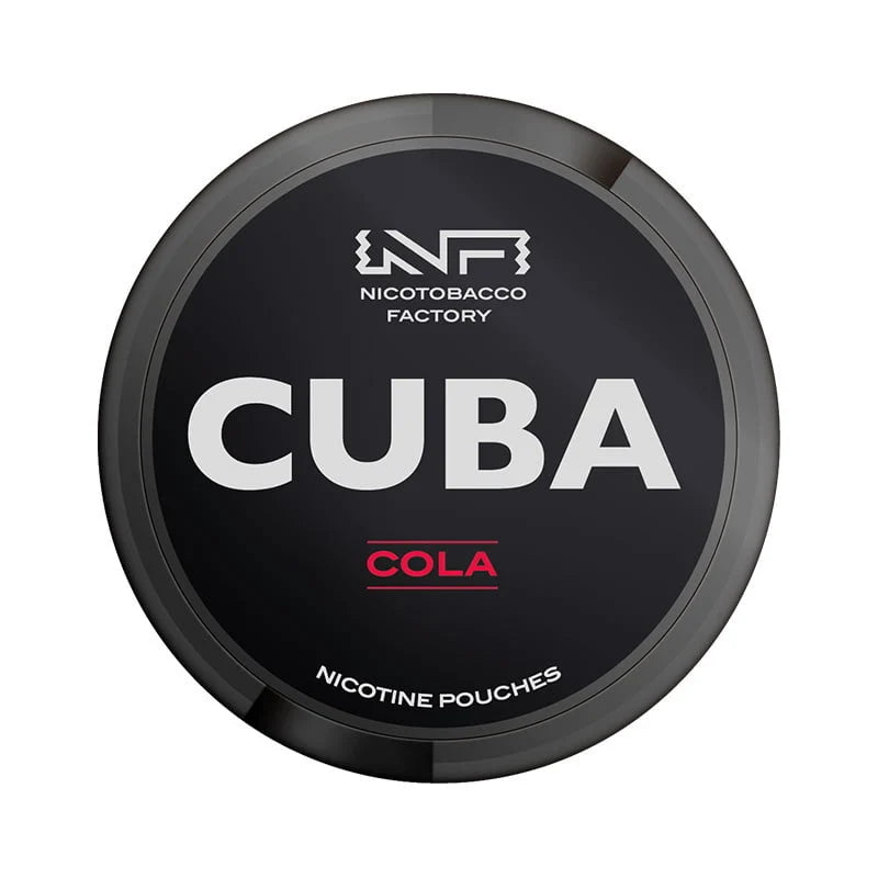 Nicotine pouch container with 'Cuba Cola' branding on a black background