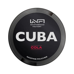 Nicotine pouch container with 'Cuba Cola' branding on a black background